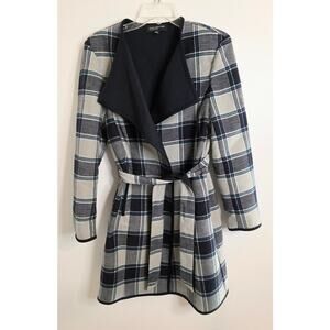 Jones New York Wrap Coat Gray Black Blue Plaid Women's Size Large, Belted